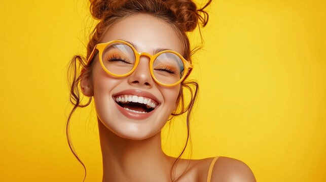 Portrait of her she nice-looking cool attractive lovely lovable winsome sweet crazy cheerful cheery girl having fun great breakthrough isolated on bright vivid shine yellow background.