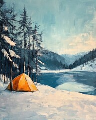 Oil painting depicting a winter camping scene showcasing a serene outdoor experience surrounded by snow covered landscapes