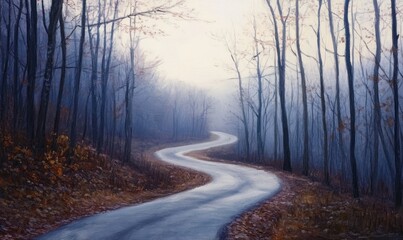 Obraz premium Oil painting depicting a winding road surrounded by trees on a misty morning
