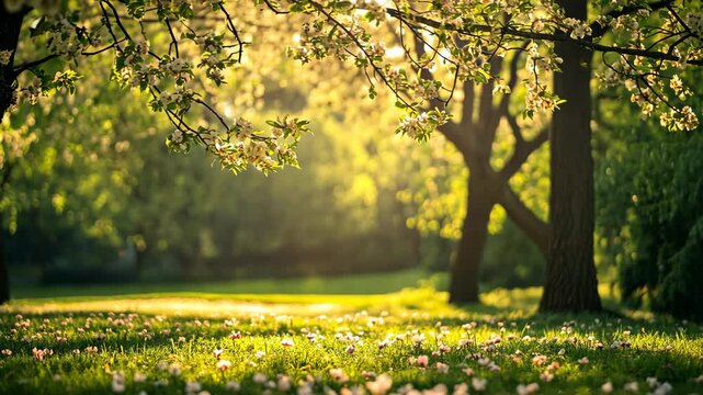 Exploring a serene spring afternoon in the park surrounded by blooming trees and gentle sunlight