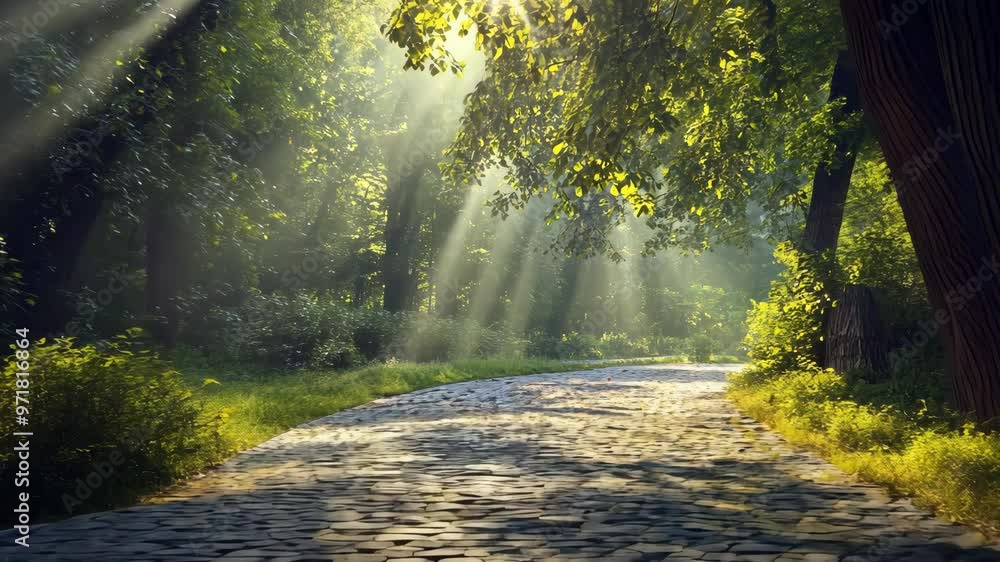 Poster morning sunlight filters through trees on a serene cobblestone path in a tranquil forest setting