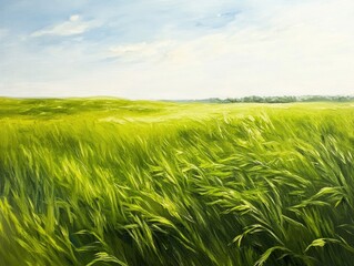 Oil painting depicting a vast expanse of lush green grass in a meadow setting