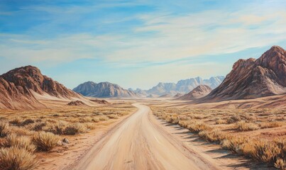 Fototapeta premium Vibrant oil painting depicting a serene landscape featuring an empty sandy road winding through desert terrain surrounded by rocky mountains under a bright clear sky