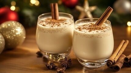 Eggnog in glasses with cinnamon sticks, Garnished with nutmeg and Holiday Decorations