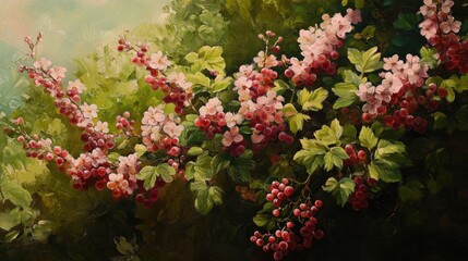 Oil painting depicting a blooming currant bush with clusters of flowers capturing the essence of the spring season