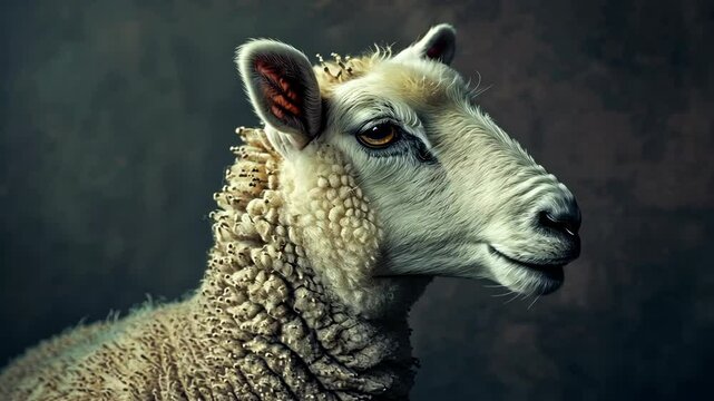 Beautiful close-up of a wooly sheep in a dark setting showcasing its expressive features and soft texture