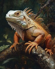 Obraz premium Oil painting depicting an iguana showcasing the unique features of this reptilian species