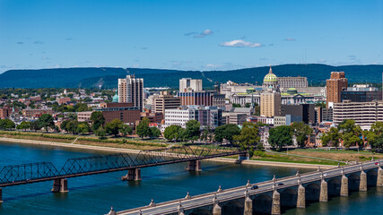 Late summer, early fall aerial, drone, photo of the Harrisburg Pennsylvania skyline and the...