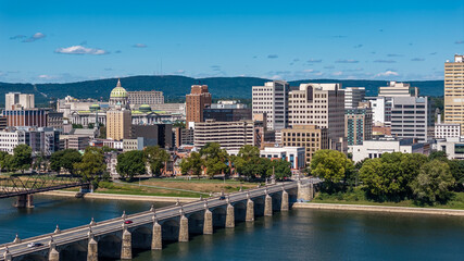 Late summer, early fall aerial, drone, photo of the Harrisburg Pennsylvania skyline and the Susquehanna River.  September 2024.