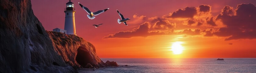 Seagulls circling a lighthouse during a crimson sunset, explorers discovering hidden caves along the cliff, sunset discovery, coastal exploration