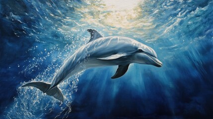 Fototapeta premium Oil painting depicting a solitary Bottlenose dolphin underwater in a blue ocean setting showcasing the beauty of marine life