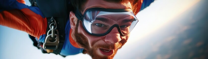 Closeup of a skydivers face during freefall, goggles reflecting the sky, intense focus, wind in motion, adrenalinefilled action shot