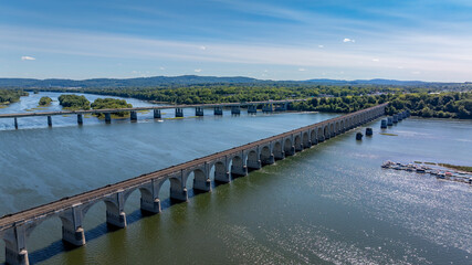 Late summer, early fall aerial, drone, photo of the Harrisburg Pennsylvania skyline and the...