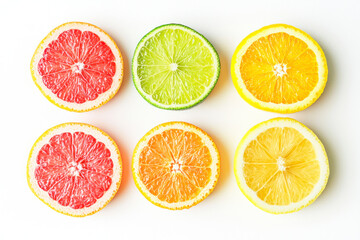 Colorful citrus fruit slices isolated on white background, top view. Grapefruit, orange, lemon and lime.