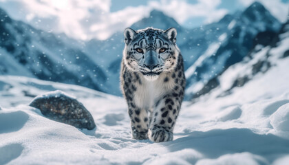 Fototapeta premium Snow leopard, white leopard in snow mountains, white snow leopard walking