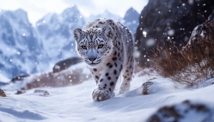 Snow leopard, white leopard in snow mountains, white snow leopard walking