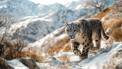 Fototapeta premium Snow leopard, white leopard in snow mountains, white snow leopard walking