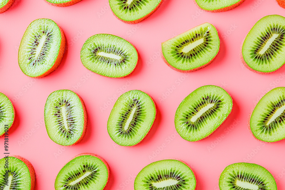 Sticker Pattern of fresh kiwi slices on pink background. From top view.