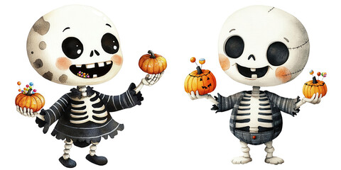 Set of cheerful skeleton characters in a dress, holding pumpkins.