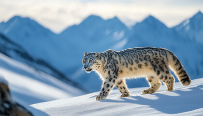 Fototapeta premium Snow leopard, white leopard in snow mountains, white snow leopard walking