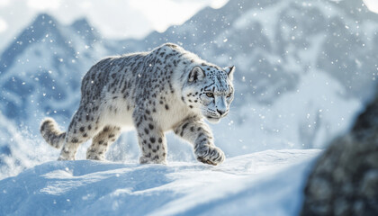 Fototapeta premium Snow leopard, white leopard in snow mountains, white snow leopard walking