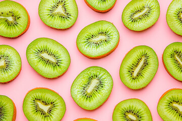 Fototapeta premium Pattern of fresh kiwi slices on pink background. From top view.