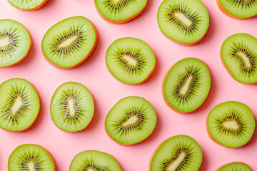 Fototapeta premium Pattern of fresh kiwi slices on pink background. From top view.