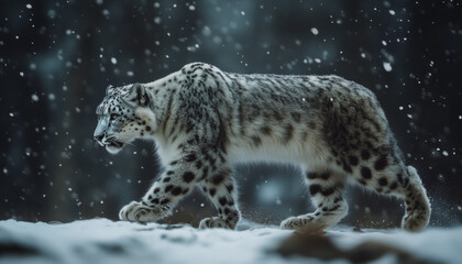 Fototapeta premium Snow leopard, white leopard in snow mountains, white snow leopard walking