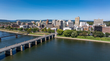 Late summer, early fall aerial, drone, photo of the Harrisburg Pennsylvania skyline and the...