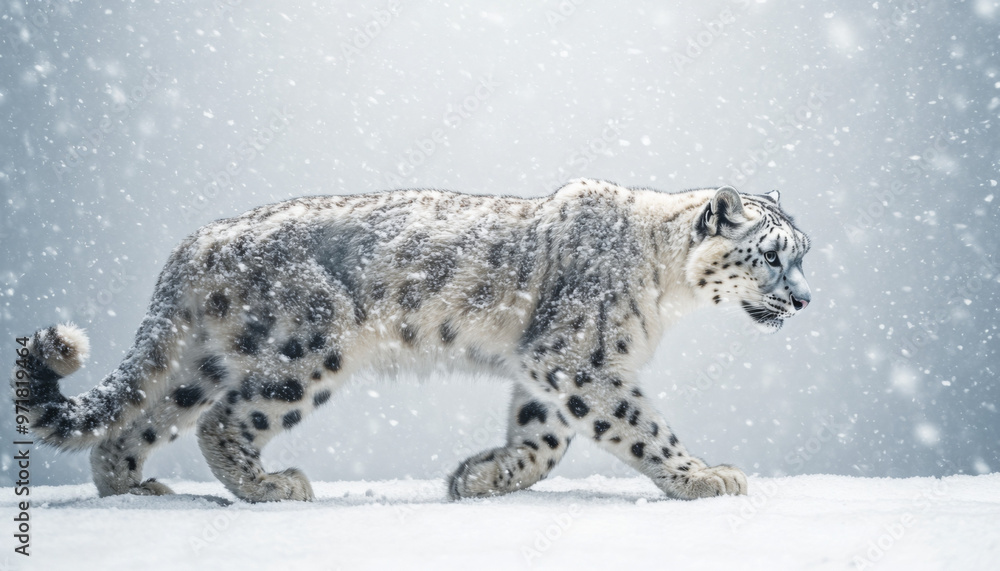 Wall mural Snow leopard, white leopard in snow mountains, white snow leopard walking