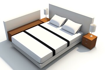 A 3D rendering of a king-size bed in a modern bedroom, with a minimalist aesthetic and plenty of natural light, perfect for relaxation and comfort