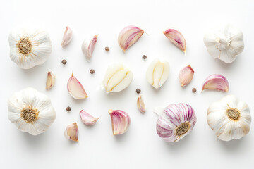 Set of fresh whole and sliced garlics on white background. Top view.