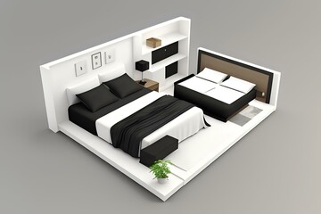 A 3D rendering of a king-size bed in a modern bedroom, with a minimalist aesthetic and plenty of natural light, perfect for relaxation and comfort