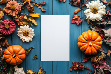 Autumn composition with ripe orange pumpkins, fallen leaves, dry flowers on dark blue wooden background. wooden background. Flat lay, top view, copy space. Mockup design