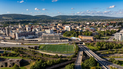 Late summer, early fall aerial, drone, photo of the Scranton Pennsylvania skyline.  September 2024.