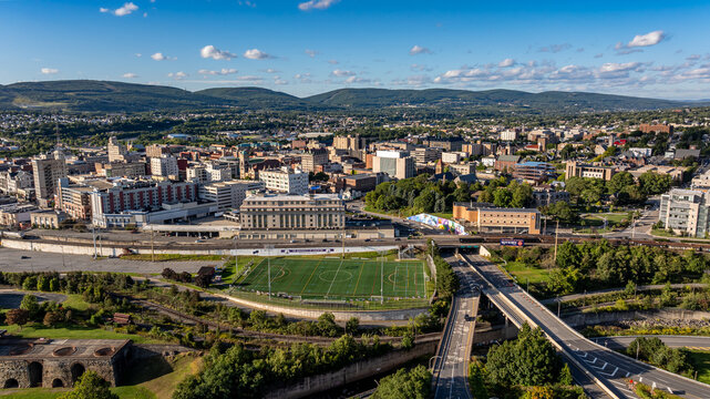 Late summer, early fall aerial, drone, photo of the Scranton Pennsylvania skyline.  September 2024.