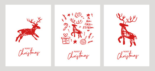Christmas cards collection. Deer and christmas tree hand drawing style. Doodle vector red and white background.