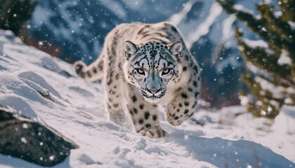 Fototapeta premium Snow leopard, white leopard in snow mountains, white snow leopard walking