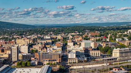 Late summer, early fall aerial, drone, photo of the Scranton Pennsylvania skyline.  September 2024.