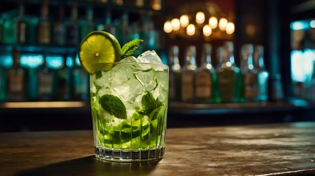 coctel mojito cubaro en la barra de un bar