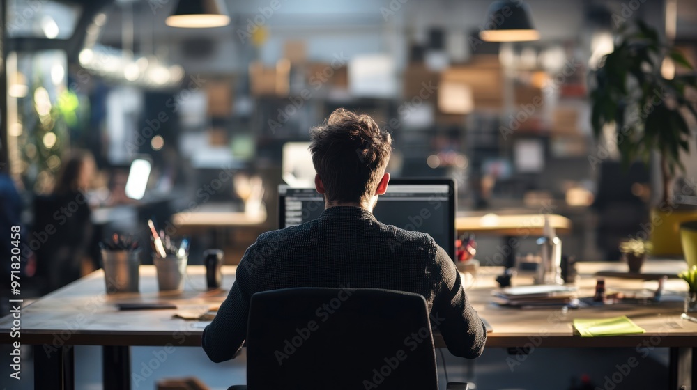 Poster man working on computer at a desk in a modern office