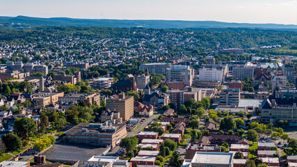 Late summer, early fall aerial, drone, photo of the Scranton Pennsylvania skyline.  September 2024.