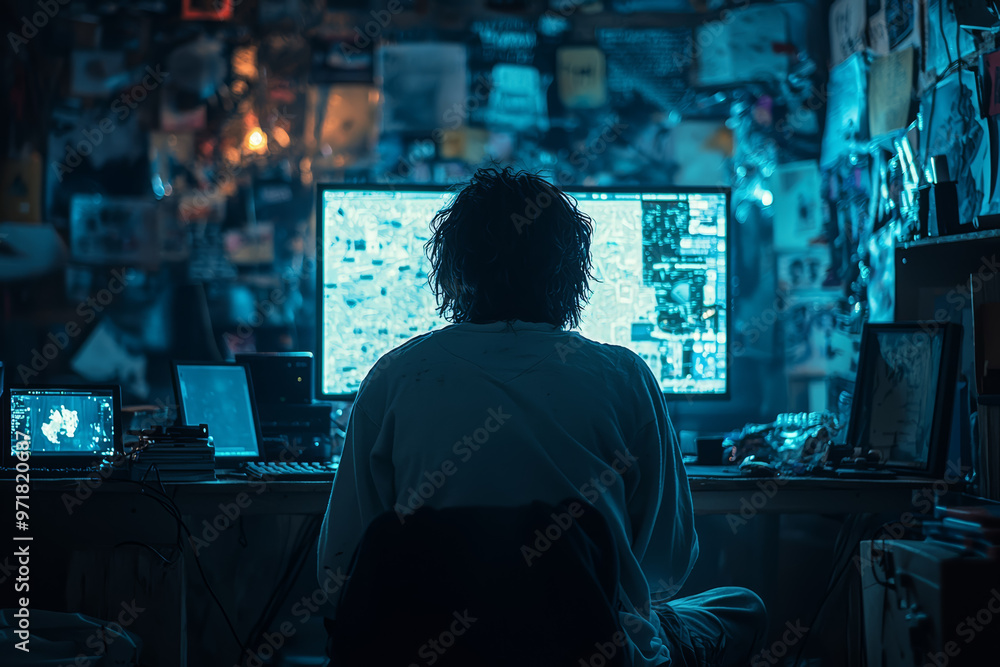 Poster a person sitting at a computer, frustrated by a crashed program or lost work. concept of technology 