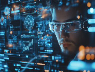 Obraz premium Futuristic AI Interface with Male Professional Analyzing Data in High-Tech Environment