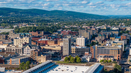 Late summer, early fall aerial, drone, photo of the Scranton Pennsylvania skyline.  September 2024.