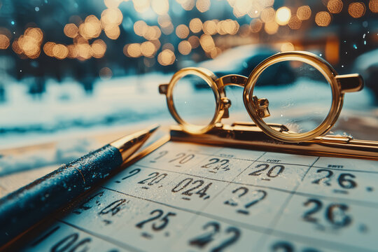 A flip calendar on a desk turns from December 31, "2024," to January 1, "2025." Concept of time management and the start of a new year.