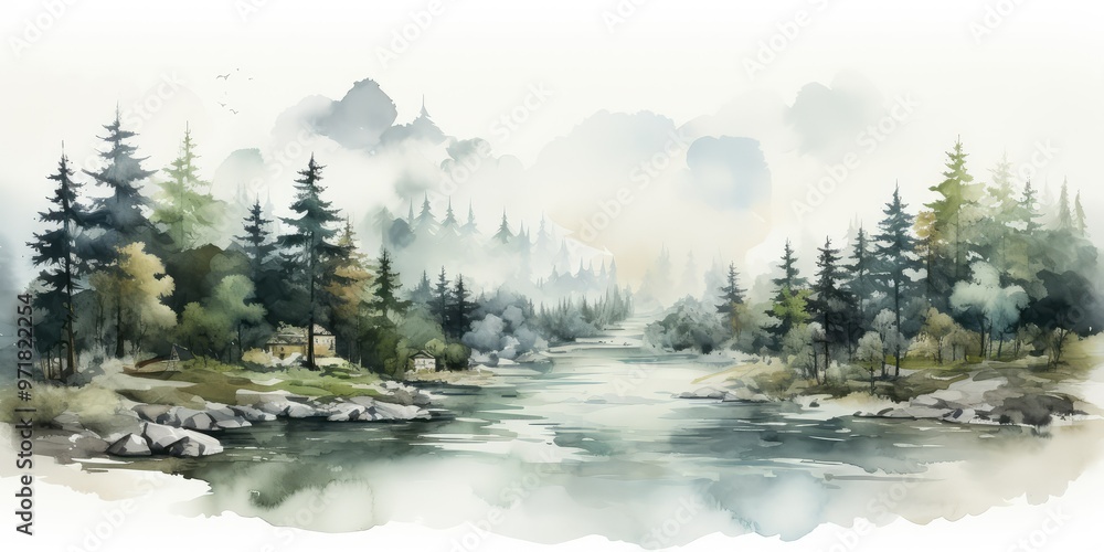 Poster watercolor forest scene with a river