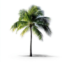 Obraz premium A vibrant green palm tree with detailed leaves standing alone on a white background, symbolizing tropical environments.