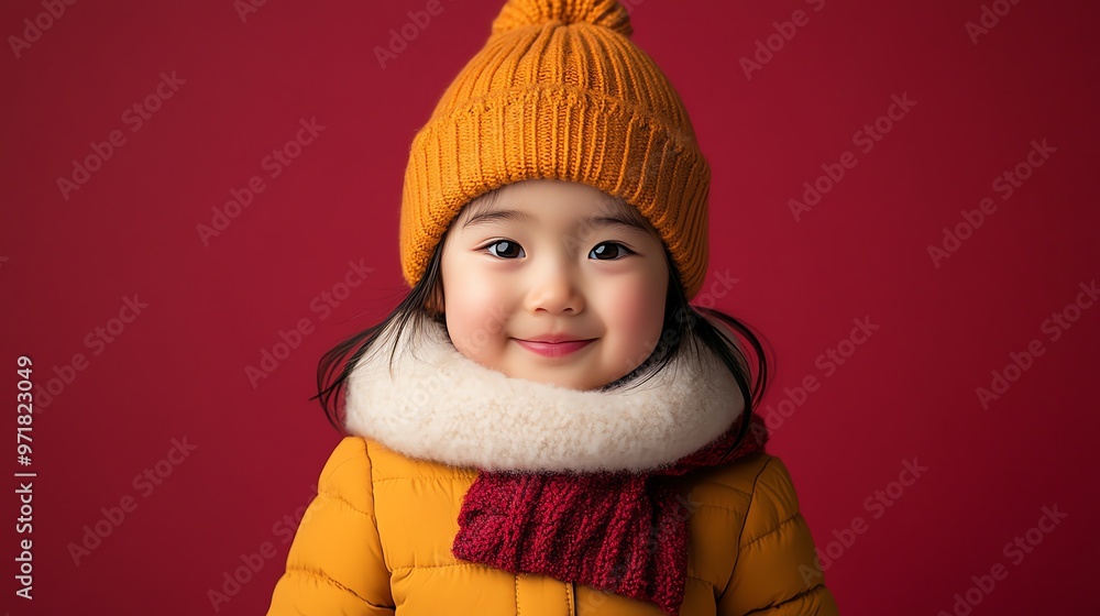 Sticker A young girl wearing a yellow coat, a white scarf, and a yellow knit hat smiles at the camera.