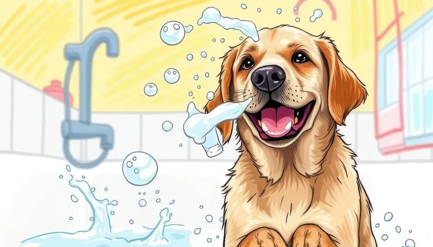Illustration of a Dog Enjoying Bath with Soap Bubbles